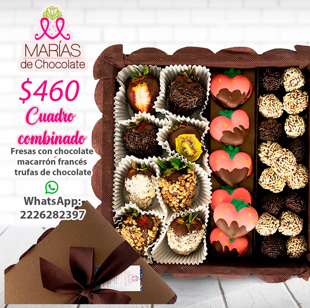 Cuadro combinado con fresas con chocolate trufas de chocolate y macarrón francés